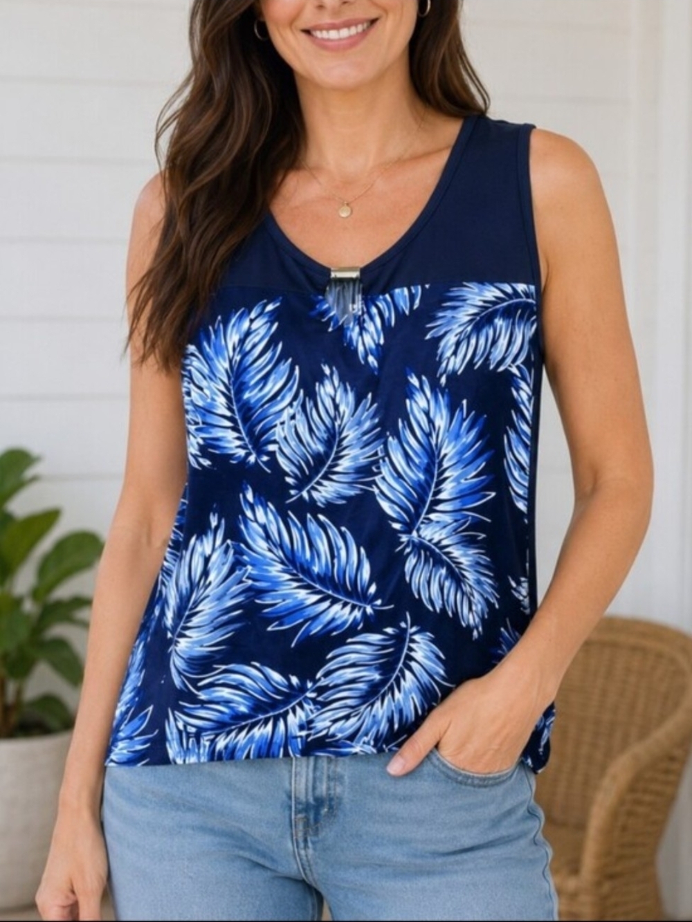 Emi & Joe Sleeveless Tropical Palm Leaf Print Top XL Navy Blue Casual Breezy